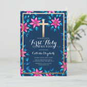 Roze Blauwe Bloemen Bladeren Gouden Kruis Communie Kaart (Staand voorkant)