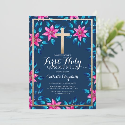Roze Blauwe Bloemen Bladeren Gouden Kruis Communie Kaart (Staand voorkant)