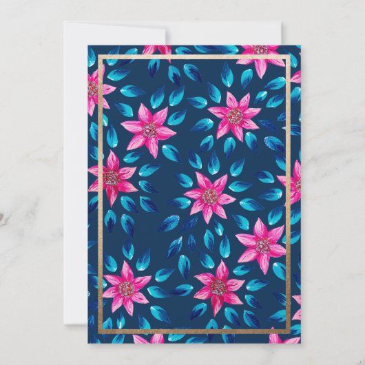 Roze Blauwe Bloemen Bladeren Gouden Kruis Communie Kaart (Achterkant)