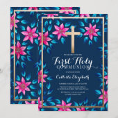 Roze Blauwe Bloemen Bladeren Gouden Kruis Communie Kaart (Voorkant / Achterkant)