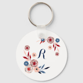 Roze, blauwe bloemen, bloempatroon, gepersonalisee sleutelhanger