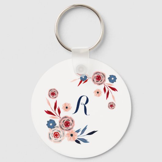 Roze, blauwe bloemen, bloempatroon, gepersonalisee sleutelhanger (Voorkant)
