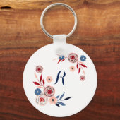 Roze, blauwe bloemen, bloempatroon, gepersonalisee sleutelhanger (Voorkant)