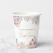 Roze Blauwe Bloemen Boho Chic Vrijgezellenfeest Papieren Bekers (Achterkant)