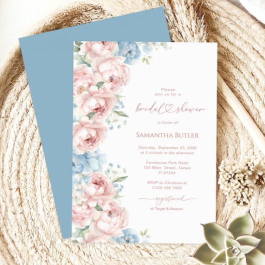 Roze & Blauwe Bloemen Bruidsdouche Uitnodiging