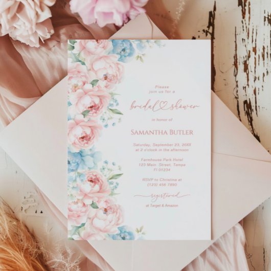 Roze & Blauwe Bloemen Bruidsdouche Uitnodiging