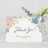 Roze & Blauwe Bloemen Cream Wedding Bedankt (Staand voorkant)