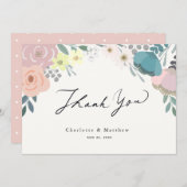 Roze & Blauwe Bloemen Cream Wedding Bedankt (Voorkant / Achterkant)
