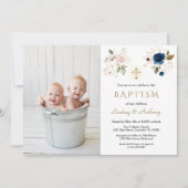 Roze blauwe bloemen Cross Twins Photo Baptisme Kaart (Voorkant)