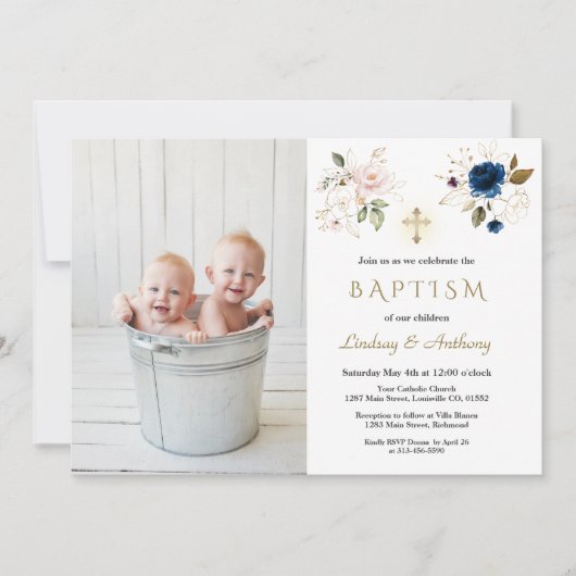 Roze blauwe bloemen Cross Twins Photo Baptisme Kaart (Voorkant)