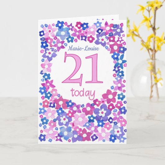  Roze Blauwe Bloemen Custom Front 21st Birthday Kaart (Gele Bloem)