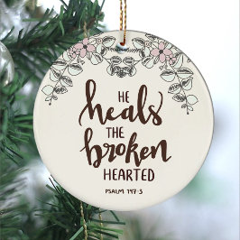 Roze Blauwe bloemen en bladeren Hij geneest de geb Keramisch Ornament