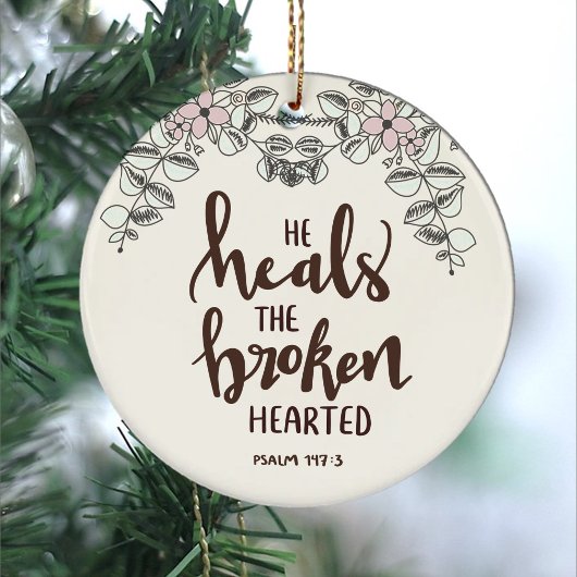 Roze Blauwe bloemen en bladeren Hij geneest de geb Keramisch Ornament