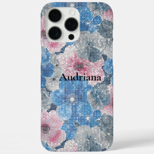 Roze Blauwe Bloemen Fonkeling iPhone 16 Pro Max Hoesje