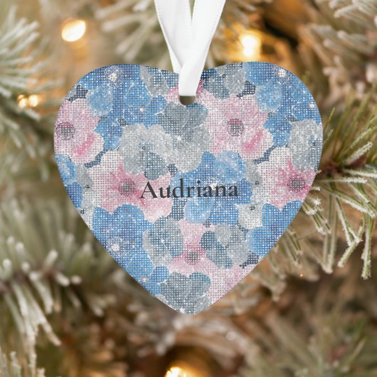 Roze Blauwe Bloemen Fonkeling Ornament (Boom)