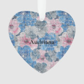 Roze Blauwe Bloemen Fonkeling Ornament (voorkant)