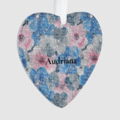 Roze Blauwe Bloemen Fonkeling Ornament (voorkant)