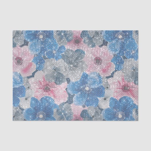 Roze Blauwe Bloemen Fonkeling Tissuepapier (Voorkant)
