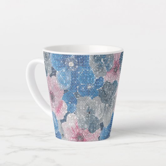Roze Blauwe Bloemen Glanzen Latte Mok (Linkerhoek)