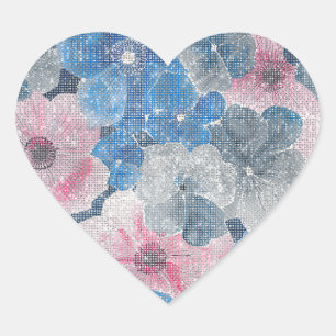 Roze Blauwe Bloemen Glitteren Hart Sticker