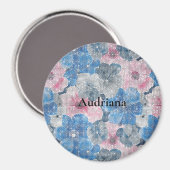 Roze Blauwe Bloemen Glitteren Magneet (Voorkant / Achterkant)