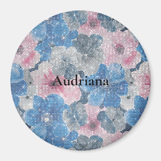 Roze Blauwe Bloemen Glitteren Magneet (Voorkant)
