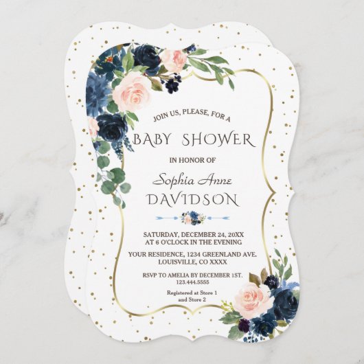 Roze Blauwe Bloemen Goud Glitters Confetti Baby Sh Kaart (Voorkant / Achterkant)