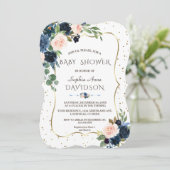 Roze Blauwe Bloemen Goud Glitters Confetti Baby Sh Kaart (Staand voorkant)