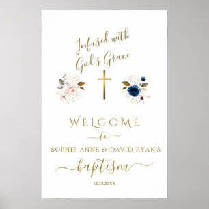 Roze Blauwe Bloemen Gouden Tweeling Doop Welkom Bo Poster