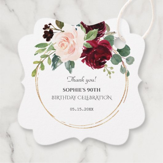 Roze Blauwe Bloemen Gouden Verjaardagsfeest Burgun Bedankjes Labels (Achterkant)