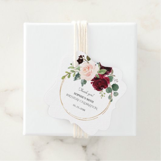 Roze Blauwe Bloemen Gouden Verjaardagsfeest Burgun Bedankjes Labels (In situ)