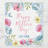 Roze Blauwe Bloemen Happy Moederdag Wijn Etiket (Enkel label)