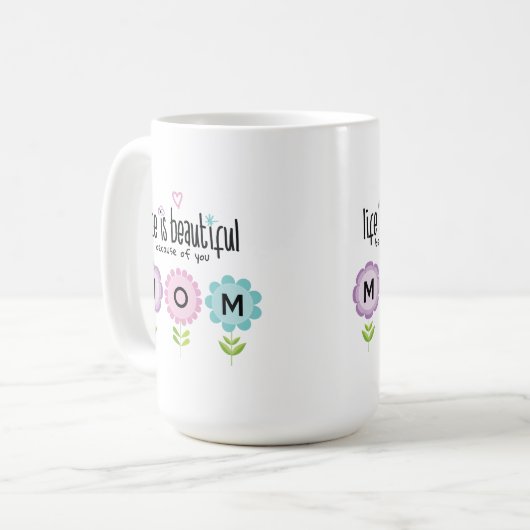 Roze Blauwe Bloemen Het leven is mooi Moederdag Koffiemok (Voorkant links)