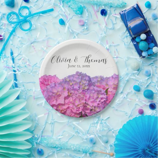 Roze Blauwe bloemen Hydrangeas elegante bloemen Papieren Bordje (Feest)