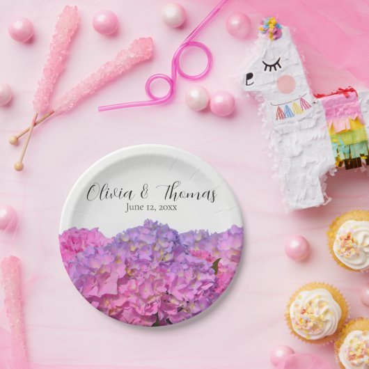 Roze Blauwe bloemen Hydrangeas elegante bloemen Papieren Bordje (Feest)