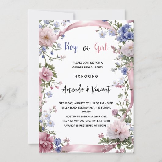 Roze blauwe bloemen jongen of meisje geslacht onth kaart (Voorkant)