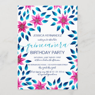 Roze blauwe bloemen laat acrylverf Quinceañera Kaart