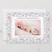 Roze Blauwe Bloemen Meisje Foto Geboorte Aankondig Aankondiging (Voorkant)