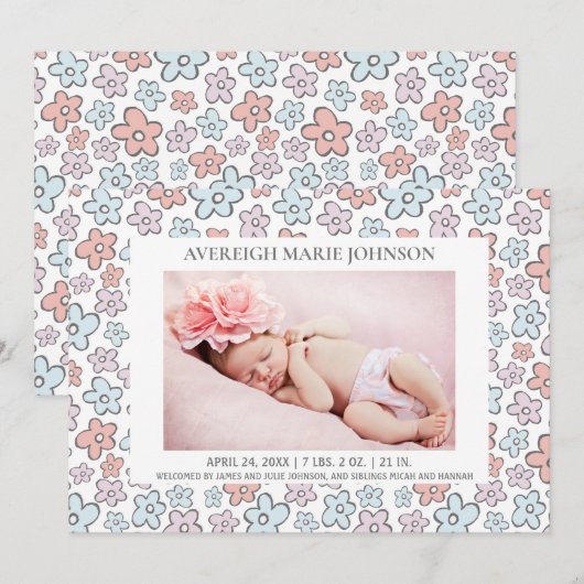 Roze Blauwe Bloemen Meisje Foto Geboorte Aankondig Aankondiging (Voorkant / Achterkant)