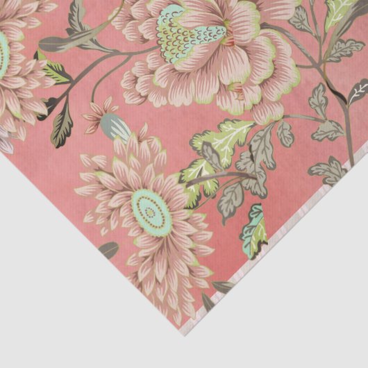 Roze blauwe bloemen op koraalachtergrondpapier tissuepapier (Detail)