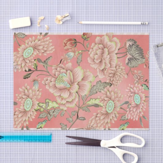Roze blauwe bloemen op koraalachtergrondpapier tissuepapier (Craft)
