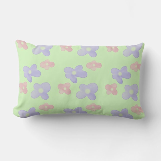 Roze blauwe bloemen op pastel groen kussen (Voorkant)