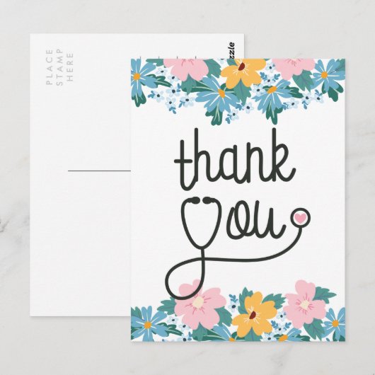 Roze Blauwe Bloemen Stethoscoop Verpleegster Dank  Briefkaart (Voorkant / Achterkant)