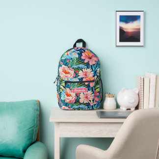 Roze Blauwe Bloemen Terug Naar School Botanisch Pa Bedrukte Rugzak