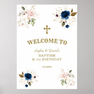 Roze Blauwe Bloemen Tweeling 1e Verjaardag Welkoms Poster