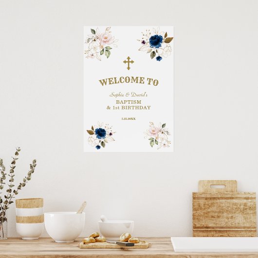 Roze Blauwe Bloemen Tweeling 1e Verjaardag Welkoms Poster (Keuken)