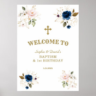 Roze blauwe bloemen Twins 1st Birthday Welcome Sig Poster