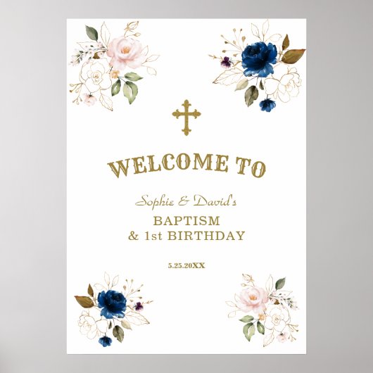 Roze blauwe bloemen Twins 1st Birthday Welcome Sig Poster (Voorkant)