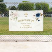 Roze blauwe bloemen Twins 1st Birthday Welcome Sig Spandoek (Insitu)