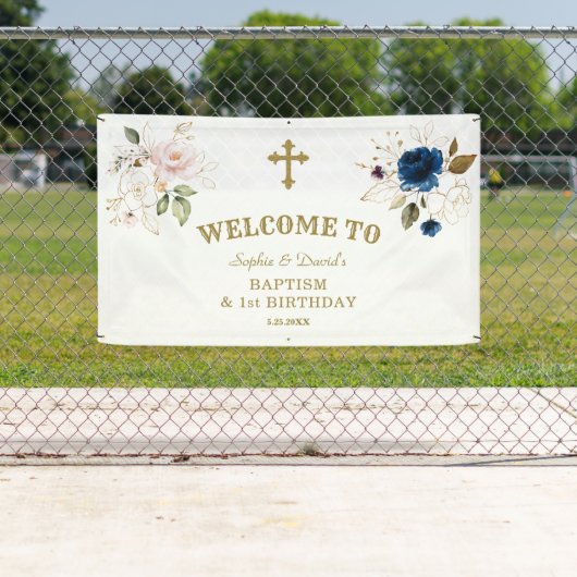 Roze blauwe bloemen Twins 1st Birthday Welcome Sig Spandoek (Insitu)